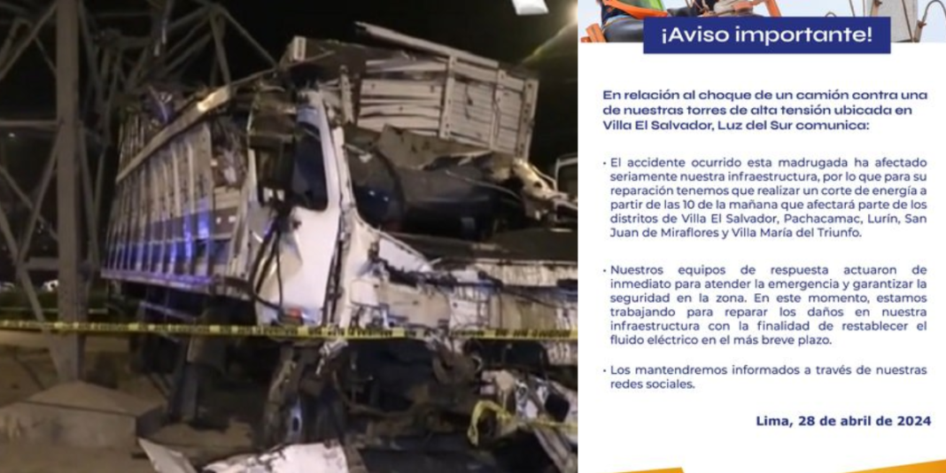 Lima: camión impacta contra torre de alta tensión