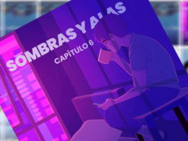 Portada del capítulo 6 de Sombras y alas , muestra a un personaje sentado y tomando una taza de bebida en un ambiente iluminado en tonos morados y rosas, transmitiendo una atmósfera introspectiva.